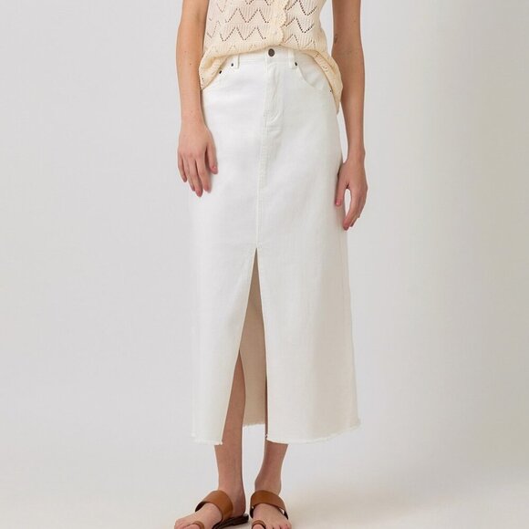 MYSTREE White Denim Maxi Skirt, Front Slit, Raw Hem - Picture 5 of 6